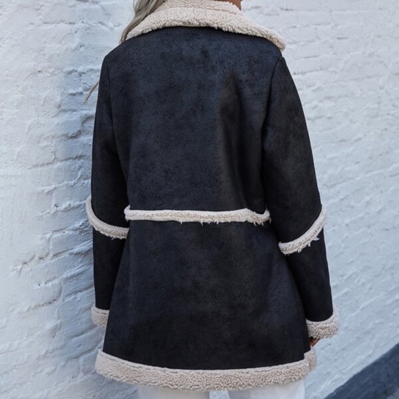 Cozy Black Teddy Oversized Jacket Coat Minimalist Pockets Luxe Glam - Picture 3 of 4